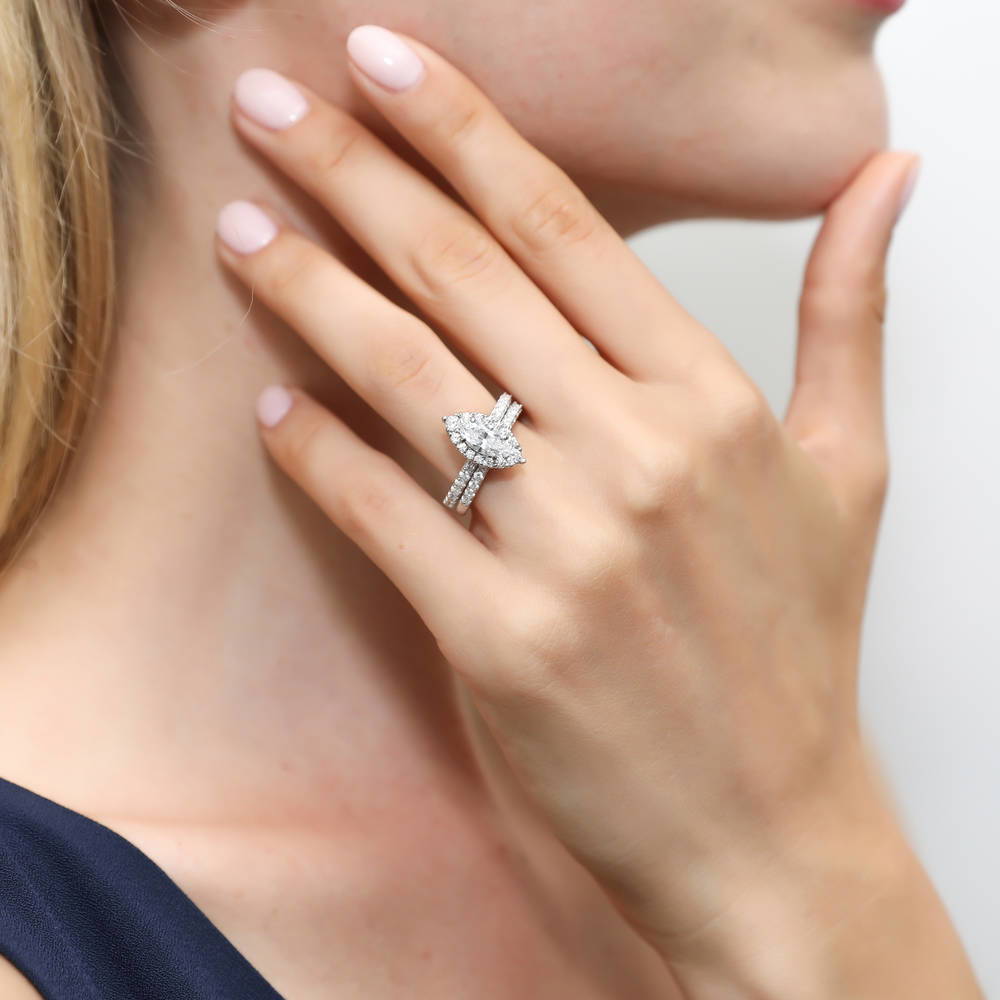 Model wearing Halo Marquise CZ Ring Set in Sterling Silver, 2 of 11