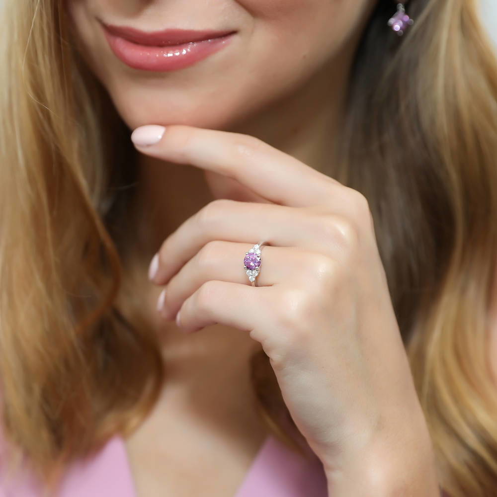 Model wearing Solitaire Purple Round CZ Ring in Sterling Silver 0.8ct, 2 of 7