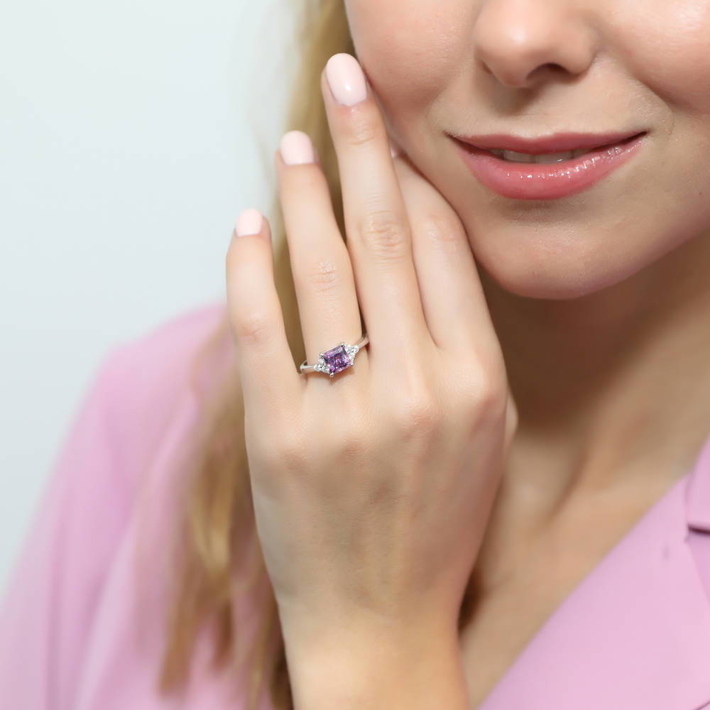 Model wearing Solitaire Purple Princess CZ Ring in Sterling Silver 1.2ct, 2 of 7