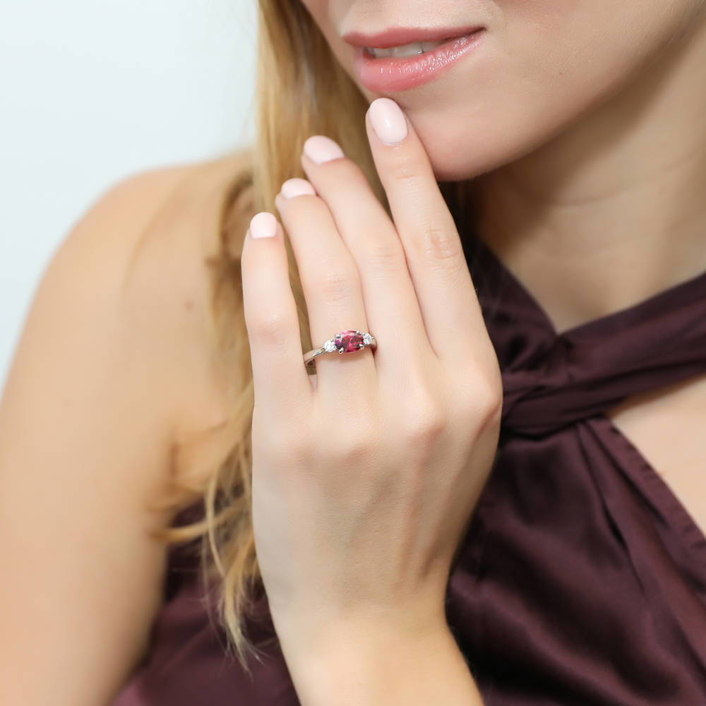 Model wearing 3-Stone East-West Red Oval CZ Ring in Sterling Silver, 2 of 7