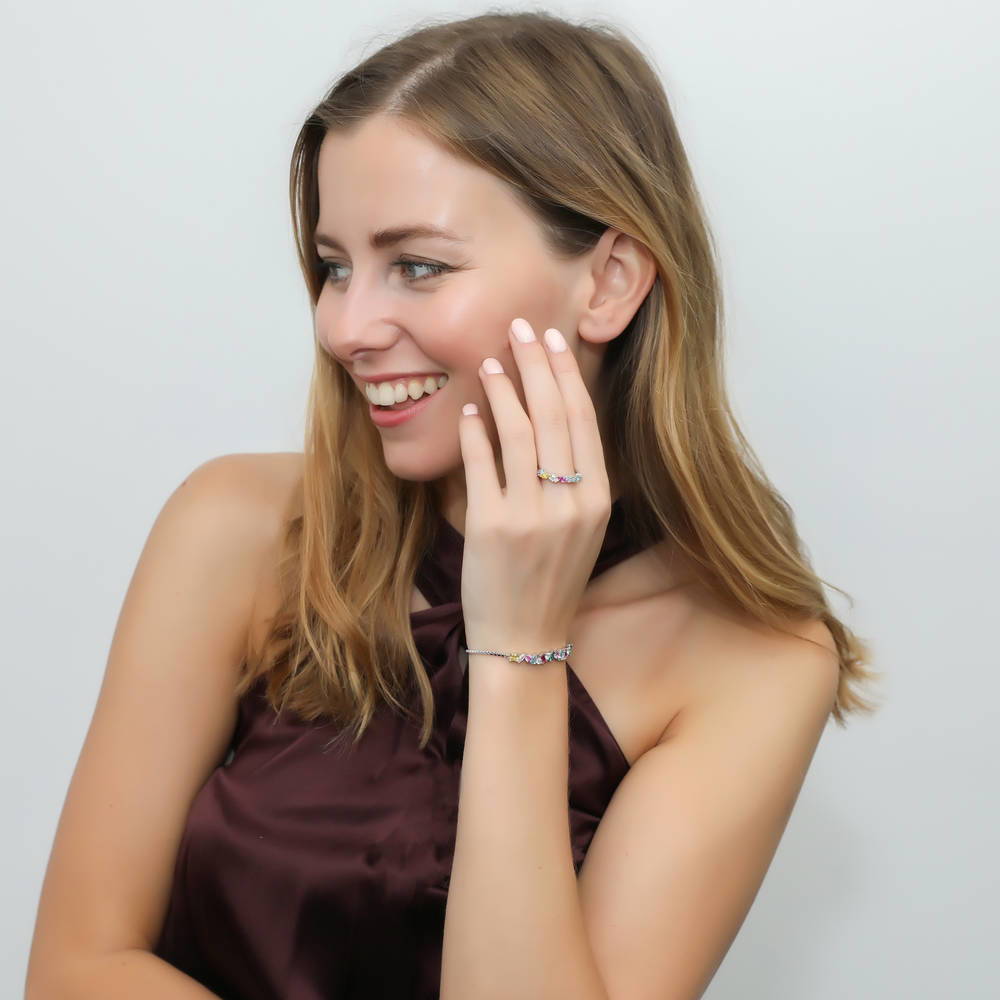 Cluster Multi Color CZ Stackable Band in Sterling Silver