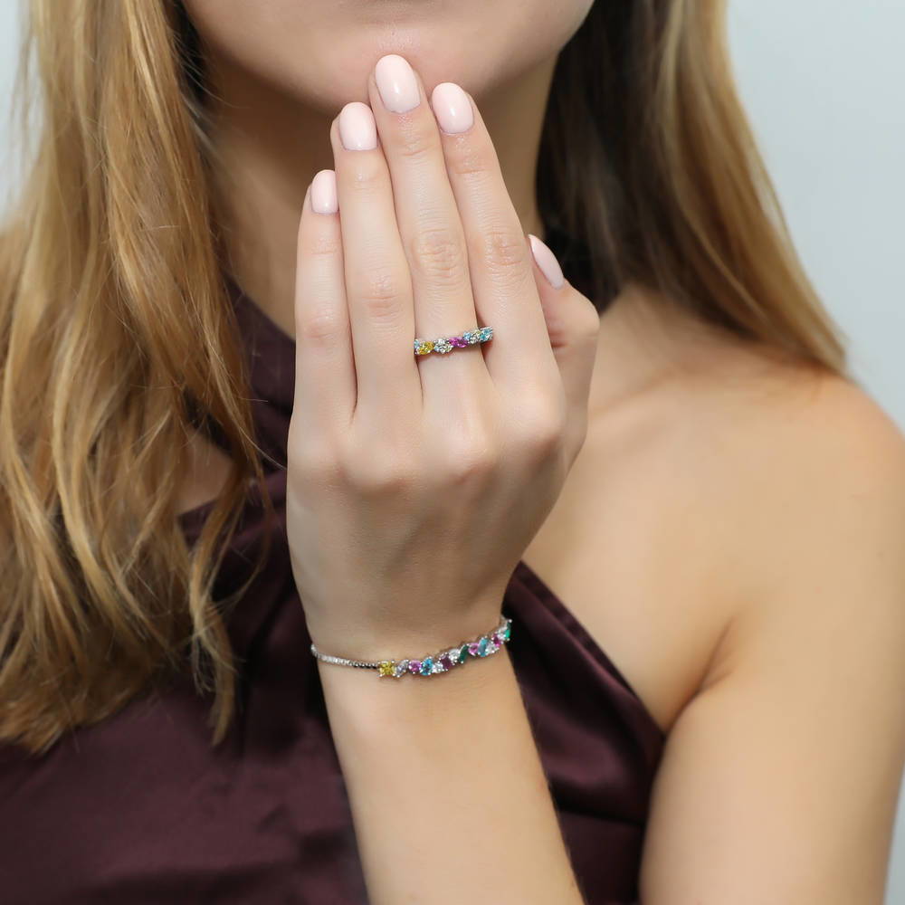Model wearing Cluster Multi Color CZ Stackable Band in Sterling Silver, 2 of 7