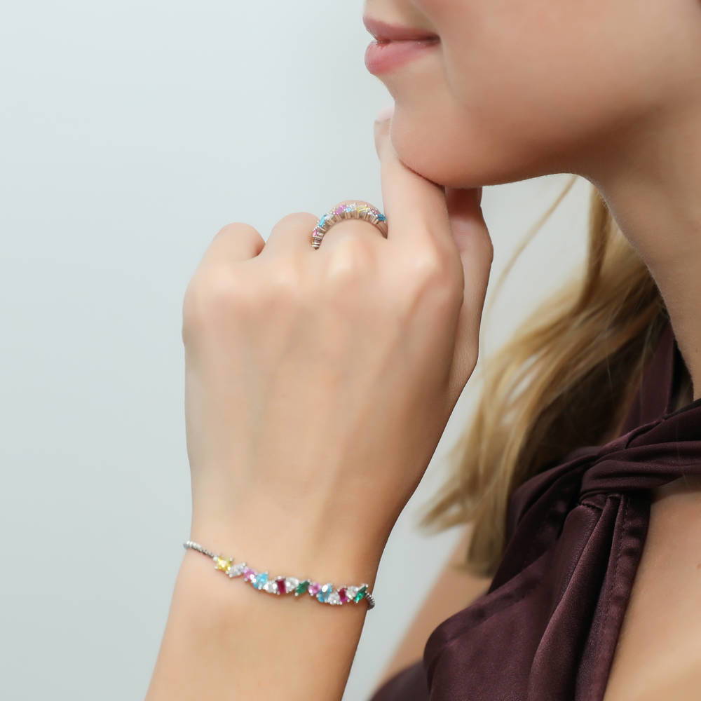 Model wearing Cluster Multi Color CZ Stackable Band in Sterling Silver, 3 of 7