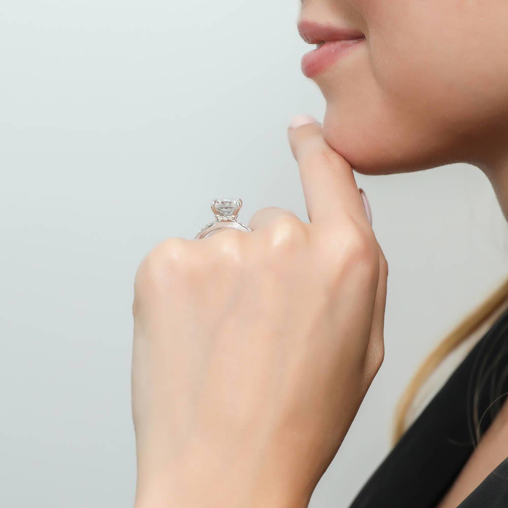 Solitaire Hidden Halo 3ct Princess CZ Ring in Sterling Silver