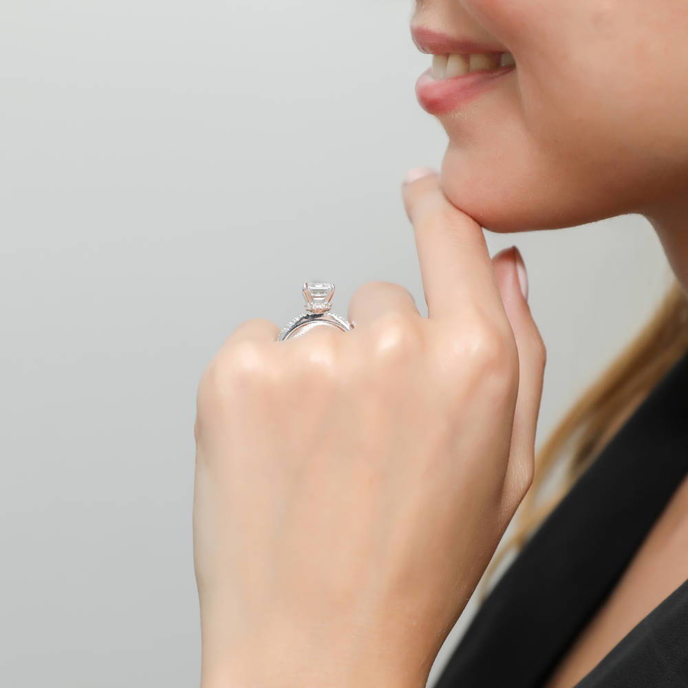 Solitaire Hidden Halo 2.6ct Emerald Cut CZ Ring in Sterling Silver