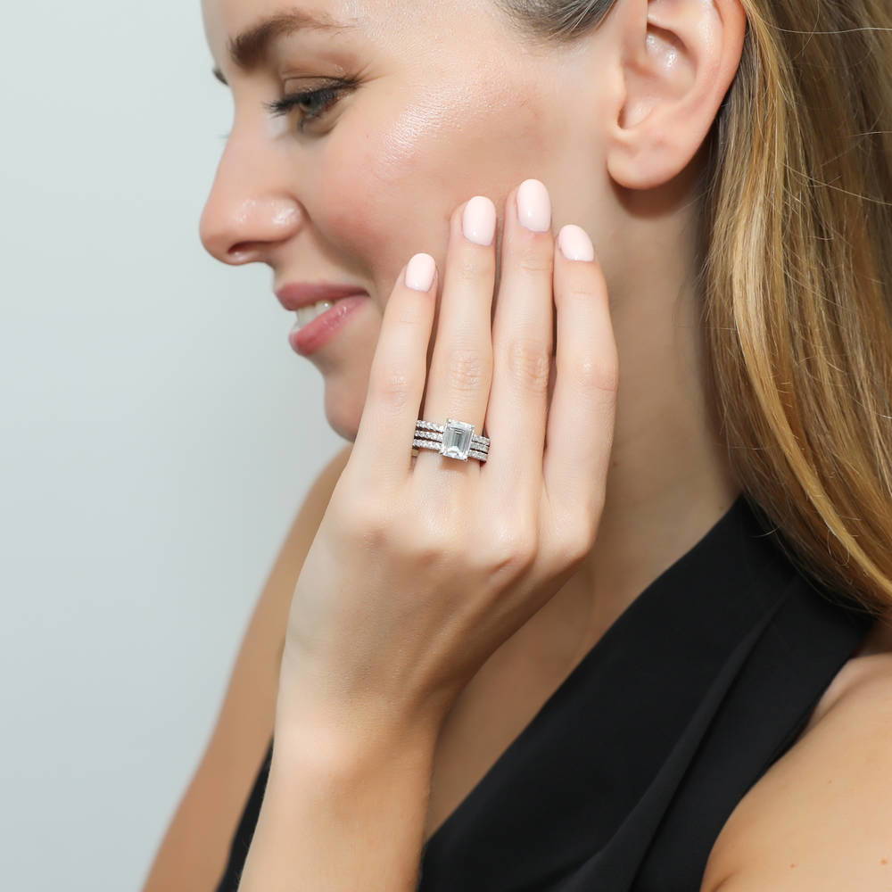 Hidden Halo Solitaire CZ Ring Set in Sterling Silver