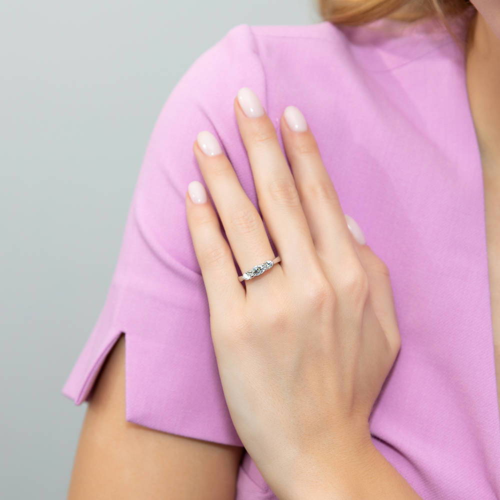 Model wearing 3-Stone East-West Marquise CZ Ring Set in Sterling Silver, 8 of 11