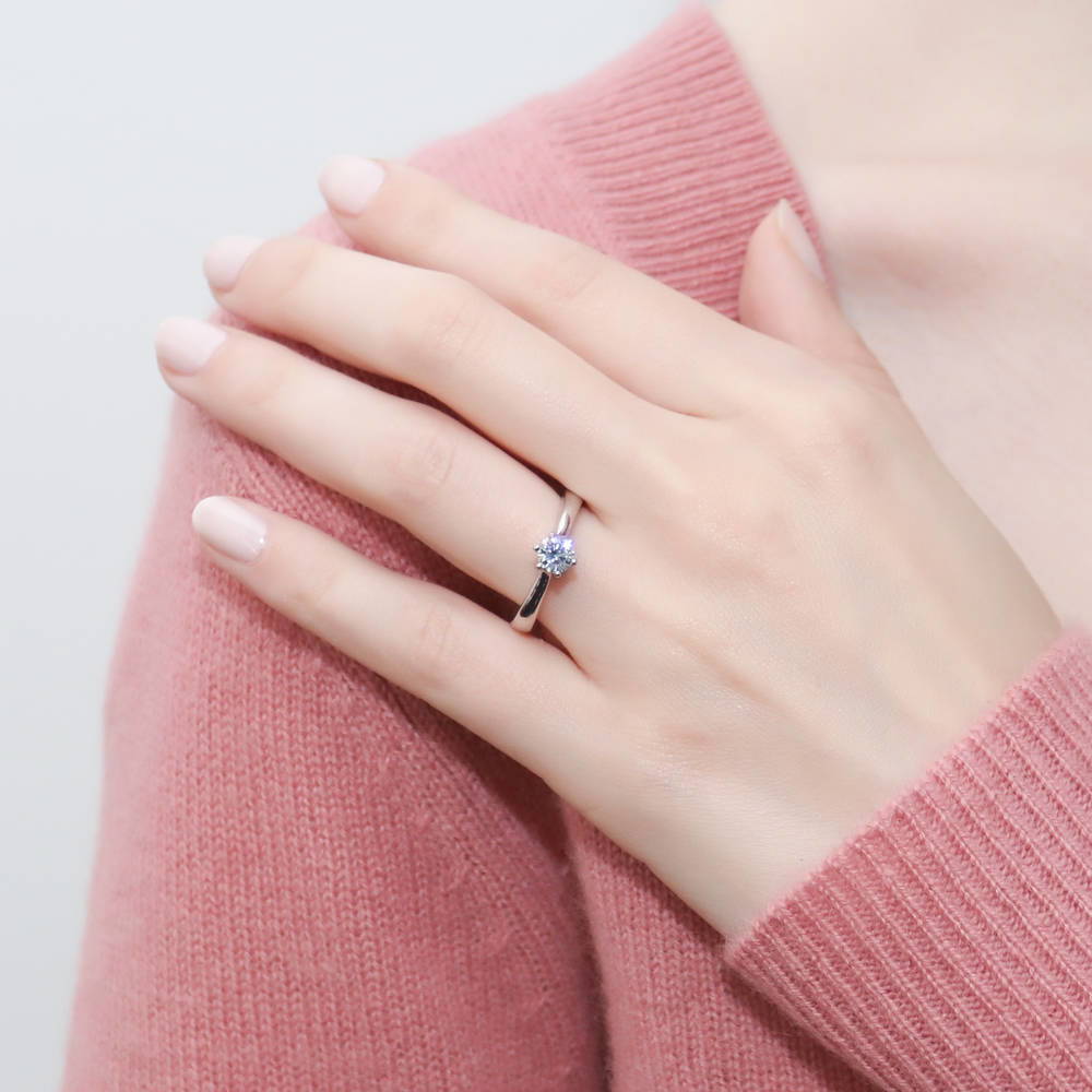 Model wearing Solitaire 0.45ct Round CZ Ring Set in Sterling Silver, 6 of 15
