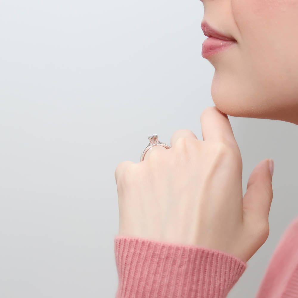 Model wearing Solitaire 0.45ct Round CZ Ring Set in Sterling Silver, 15 of 18