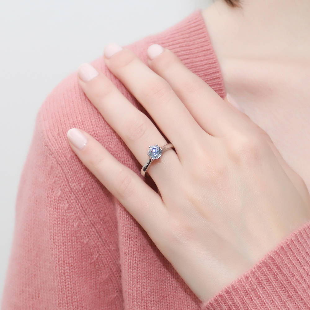 Model wearing Solitaire 1ct Round CZ Ring Set in Sterling Silver, 8 of 11