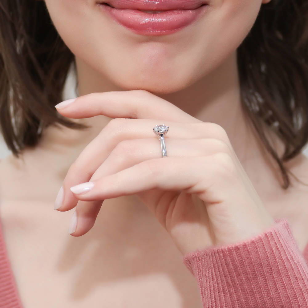 Model wearing Solitaire 1ct Round CZ Ring Set in Sterling Silver, 6 of 13