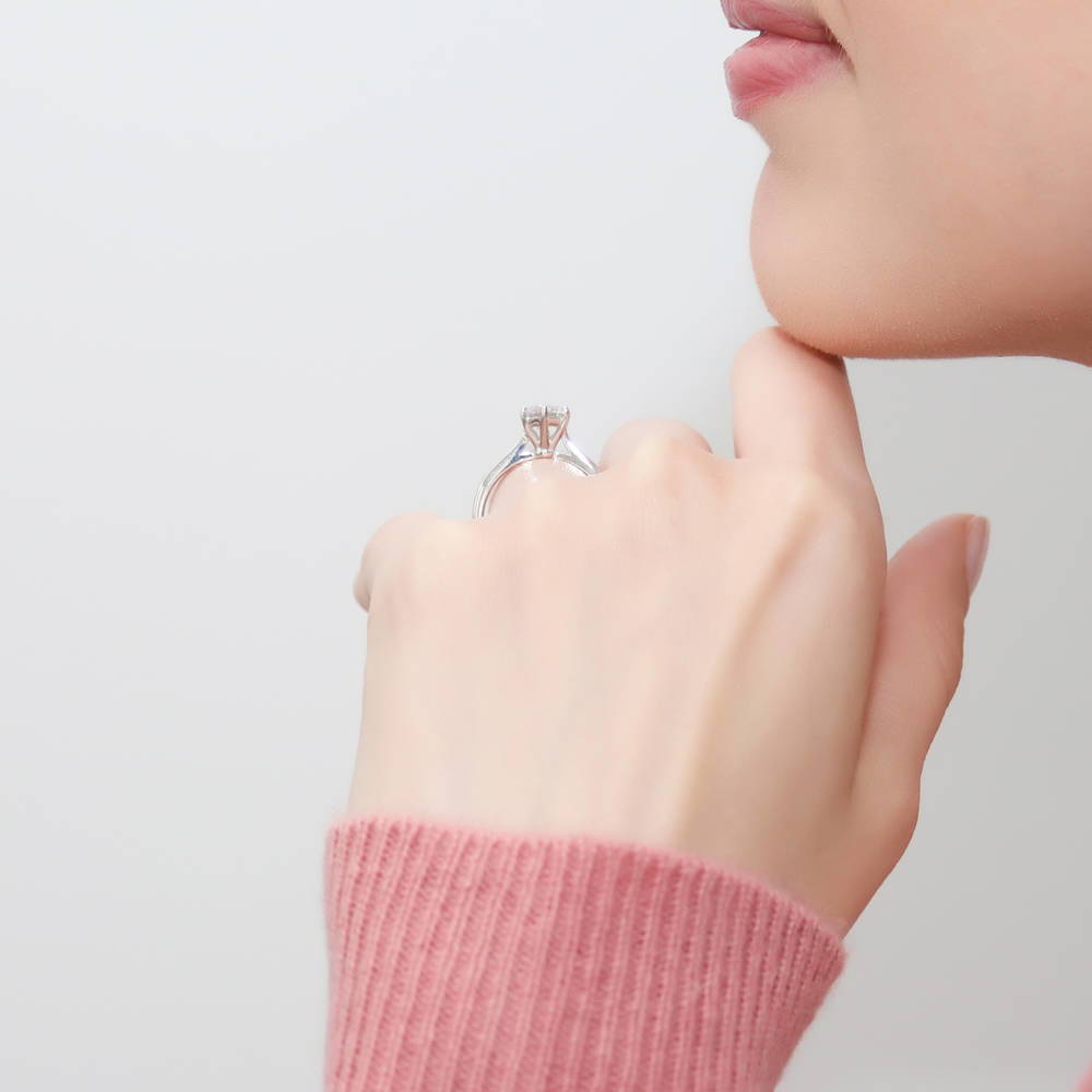 Model wearing Solitaire 1ct Round CZ Ring Set in Sterling Silver, 5 of 13