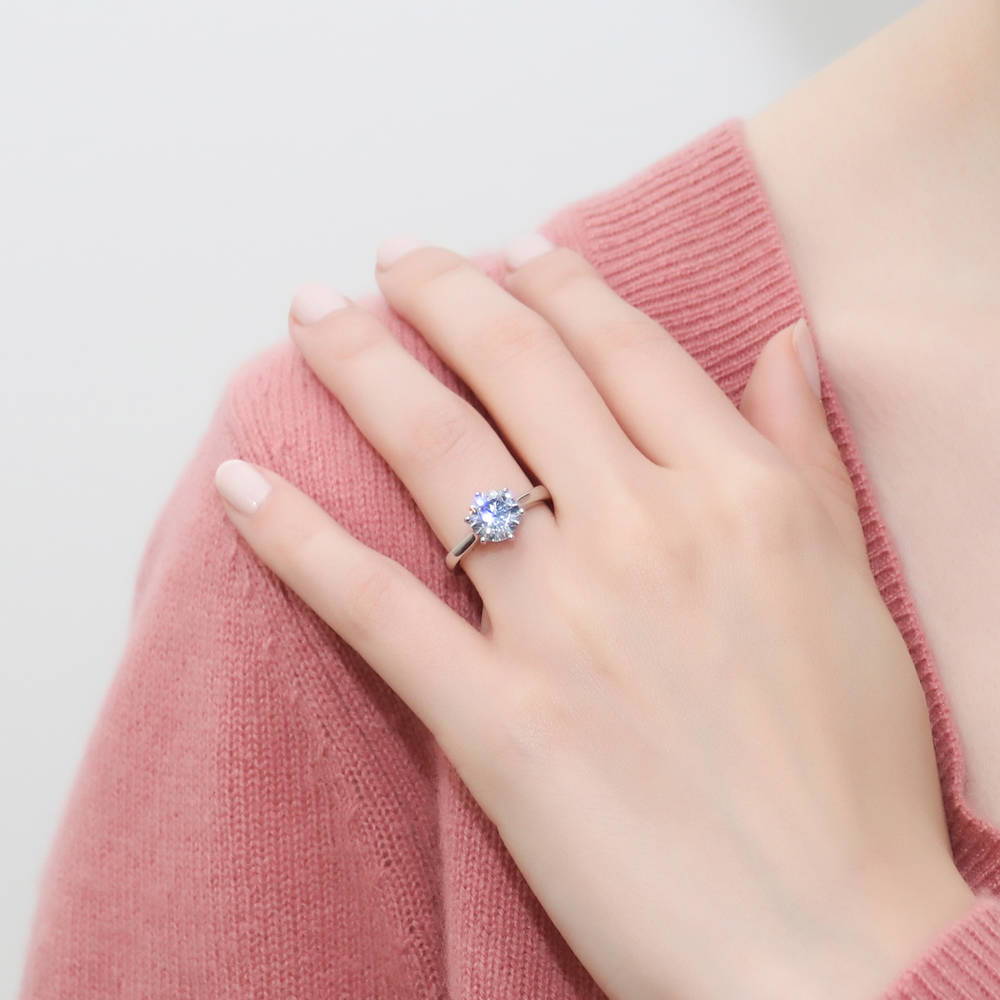 Model wearing Solitaire 2ct Round CZ Ring Set in Sterling Silver, 10 of 17