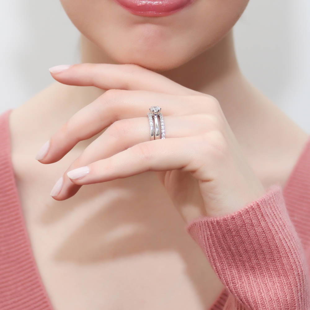 Model wearing Solitaire 0.45ct Round CZ Ring Set in Sterling Silver, 5 of 15