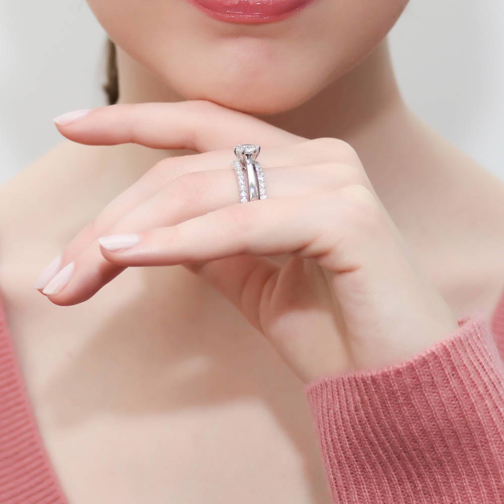Model wearing Solitaire 1ct Round CZ Ring Set in Sterling Silver, 5 of 10