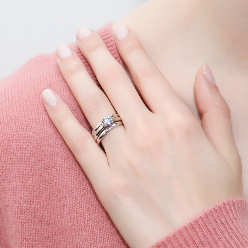 Model wearing Solitaire 0.45ct Round CZ Ring Set in Sterling Silver, 2 of 15