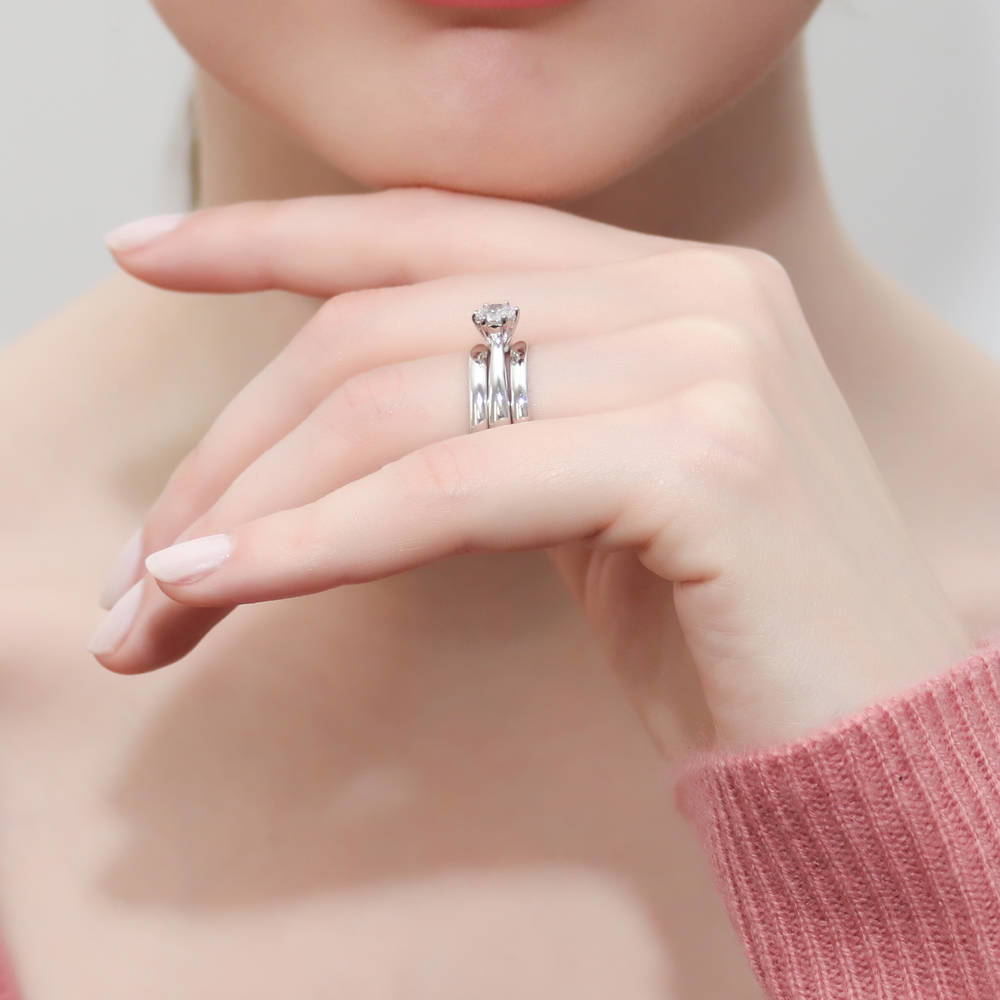Model wearing Solitaire 0.45ct Round CZ Ring Set in Sterling Silver, 3 of 15
