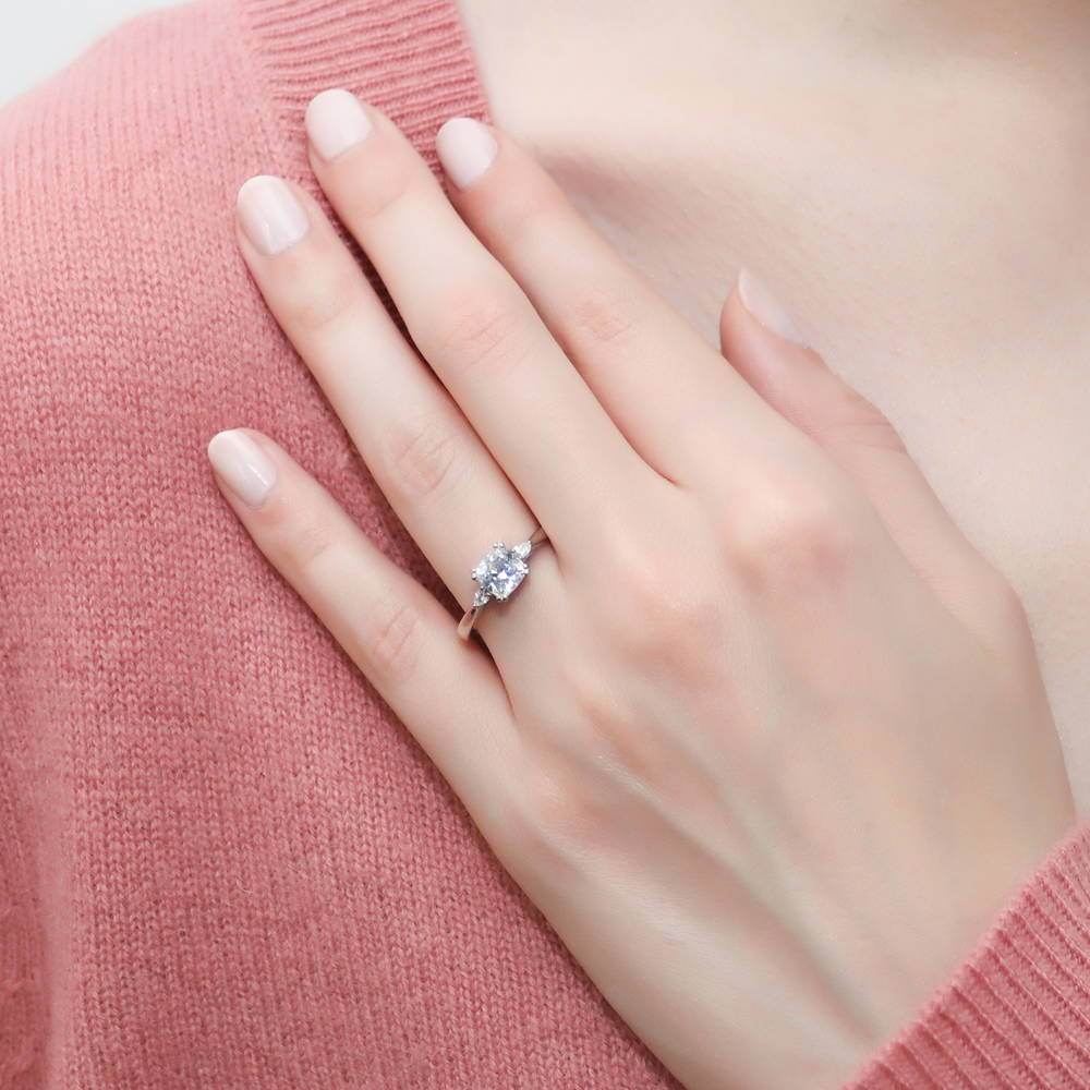 Model wearing 3-Stone Cushion CZ Ring in Sterling Silver, 3 of 10