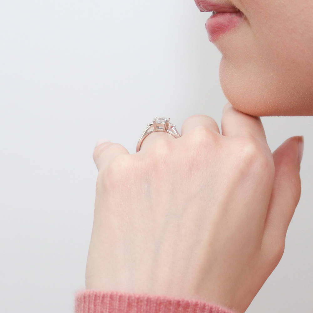 Model wearing 3-Stone Cushion CZ Ring in Sterling Silver, 9 of 10