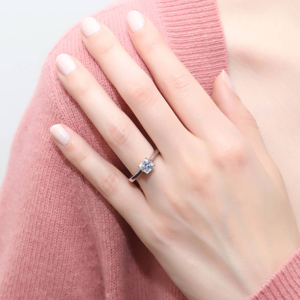 Model wearing Solitaire 1.25ct Cushion CZ Ring in Sterling Silver, 2 of 7