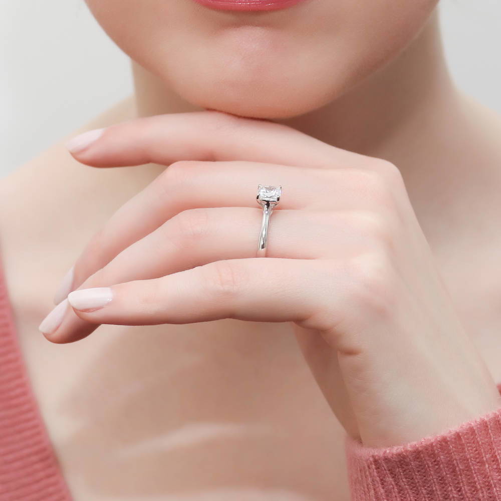 Model wearing Solitaire 1.25ct Cushion CZ Ring in Sterling Silver, 6 of 7