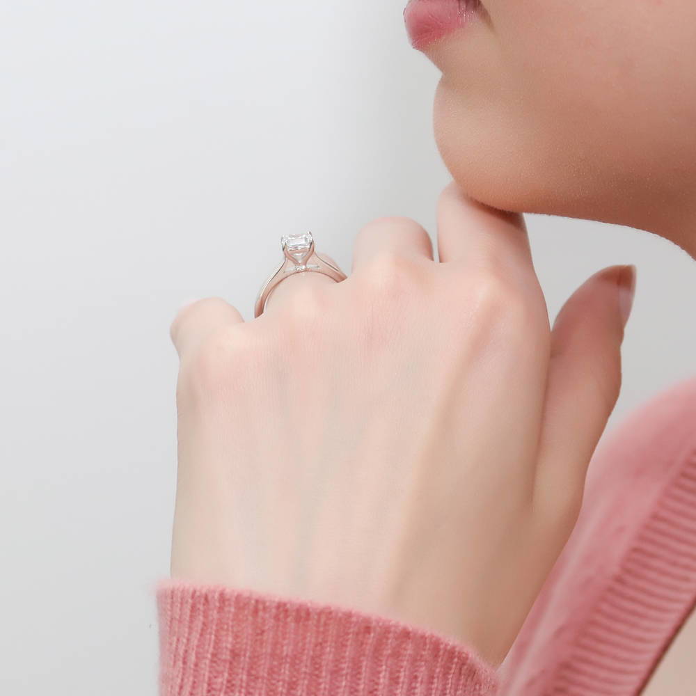 Model wearing Solitaire 1.25ct Cushion CZ Ring in Sterling Silver, 3 of 7