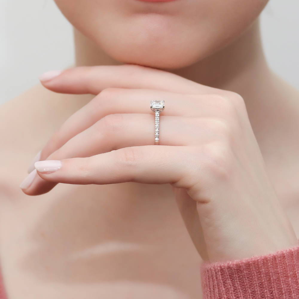 Model wearing Solitaire 1.25ct Cushion CZ Ring in Sterling Silver, 6 of 7