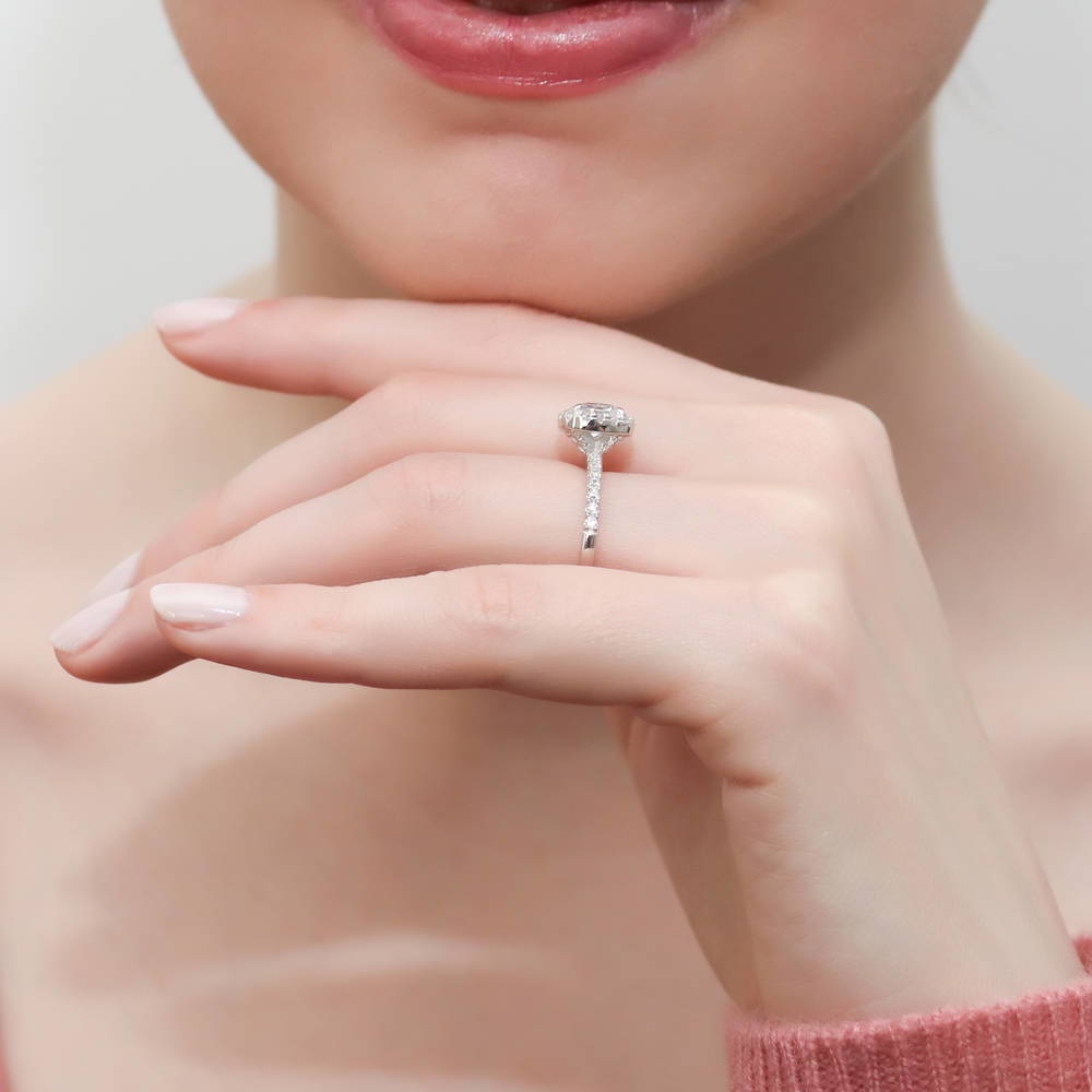 Model wearing Halo Cushion CZ Ring in Sterling Silver, 10 of 10