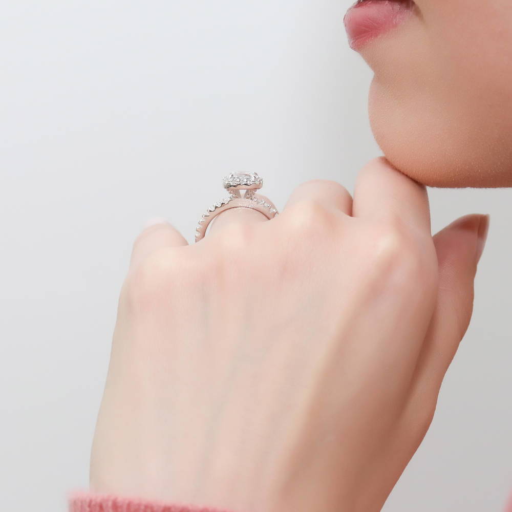 Model wearing Halo Cushion CZ Ring in Sterling Silver, 9 of 10