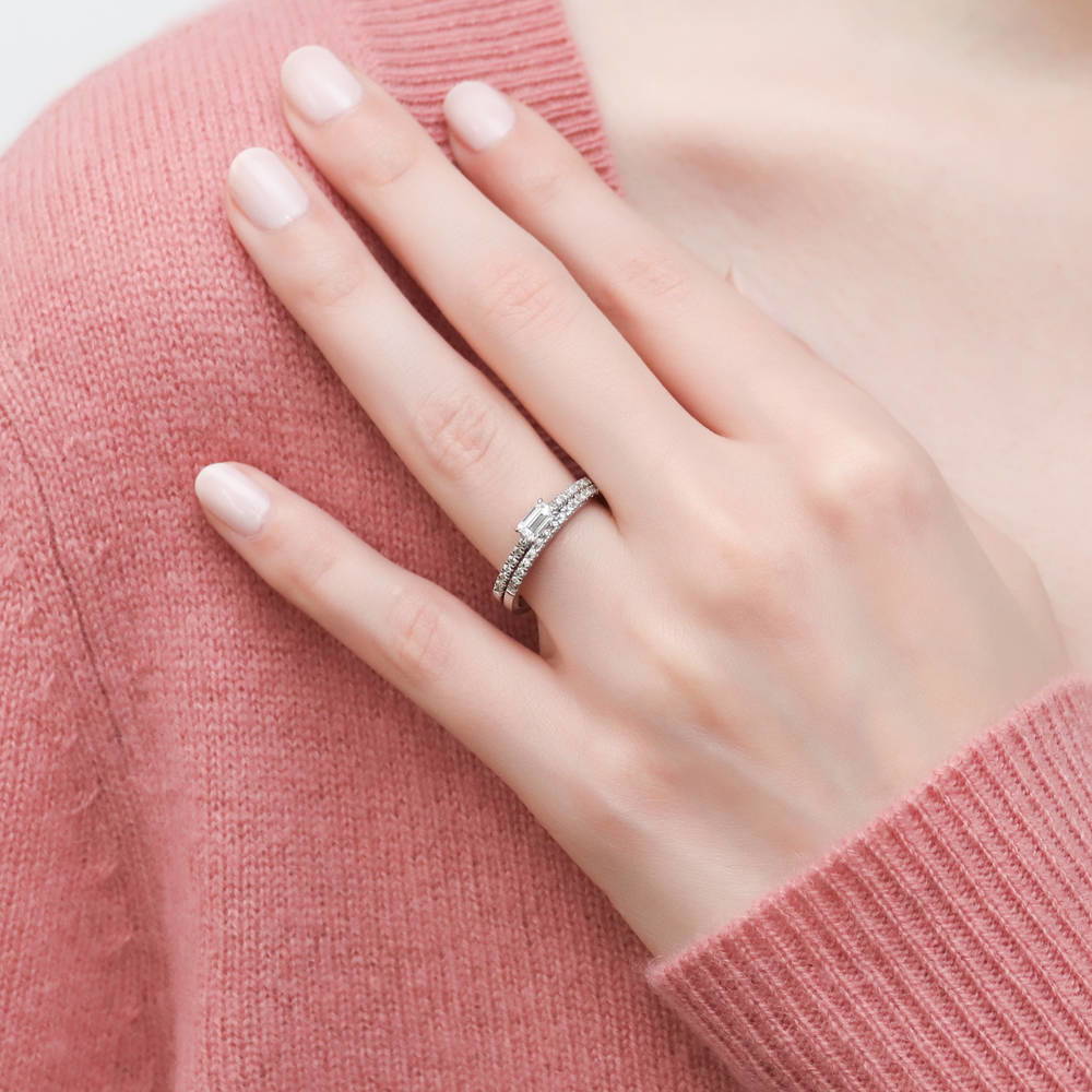Solitaire East-West 0.3ct Emerald Cut CZ Ring in Sterling Silver