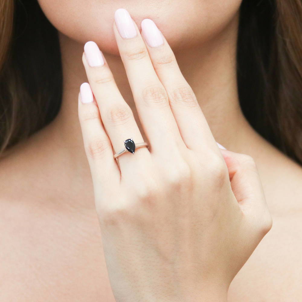 Solitaire Black Pear CZ Ring in Sterling Silver 0.8ct
