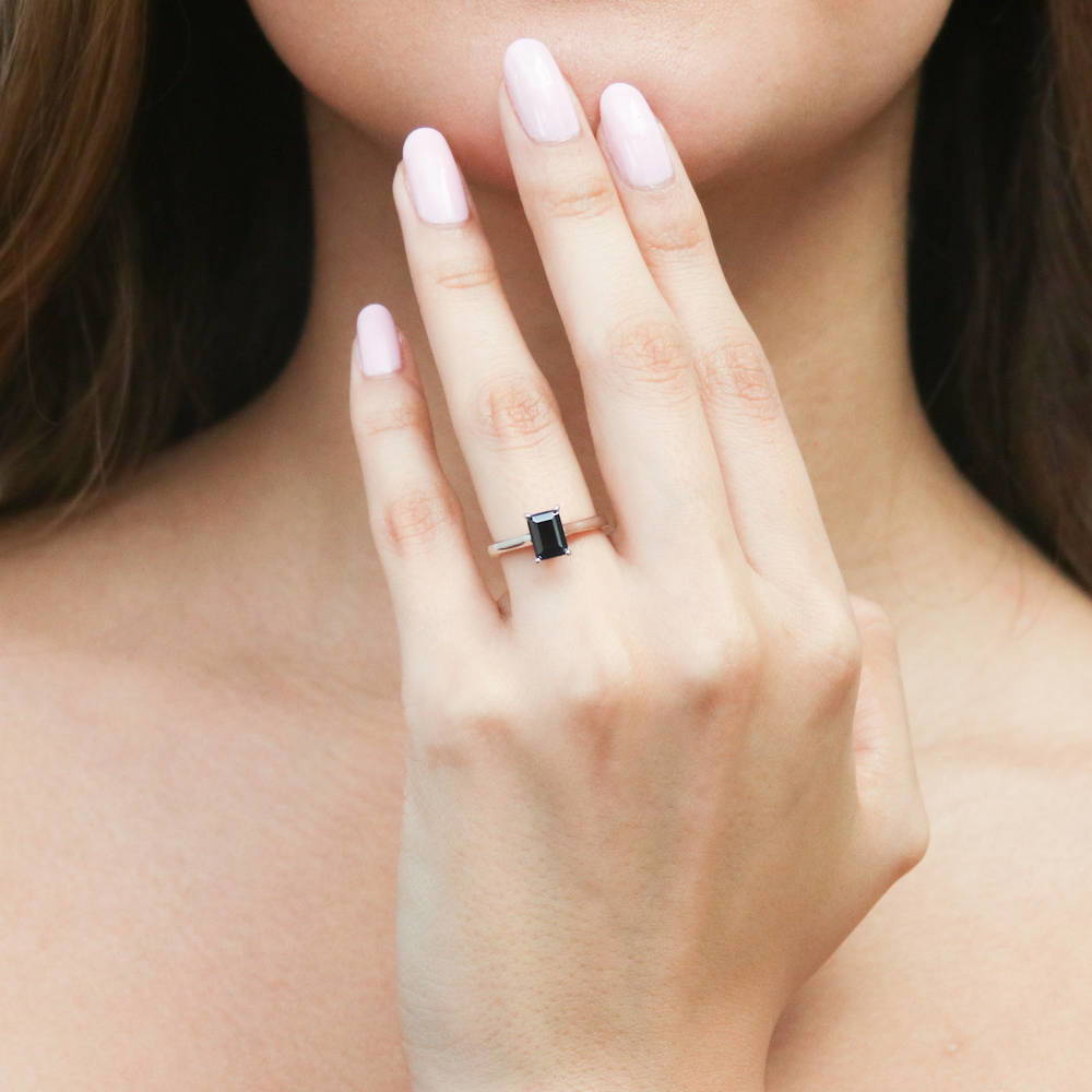 Solitaire Black Emerald Cut CZ Ring in Sterling Silver 1ct