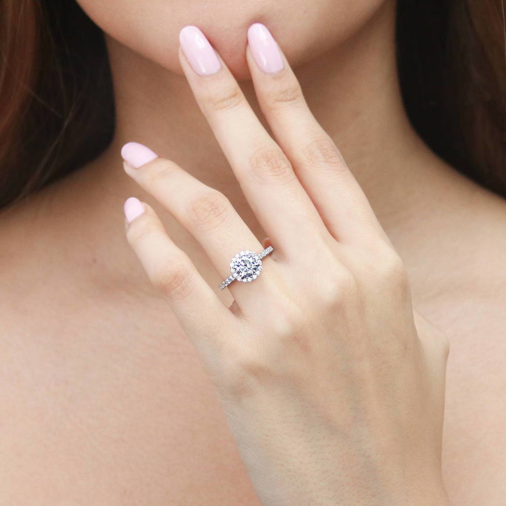 Model wearing Halo Round CZ Ring Set in Sterling Silver, 8 of 11