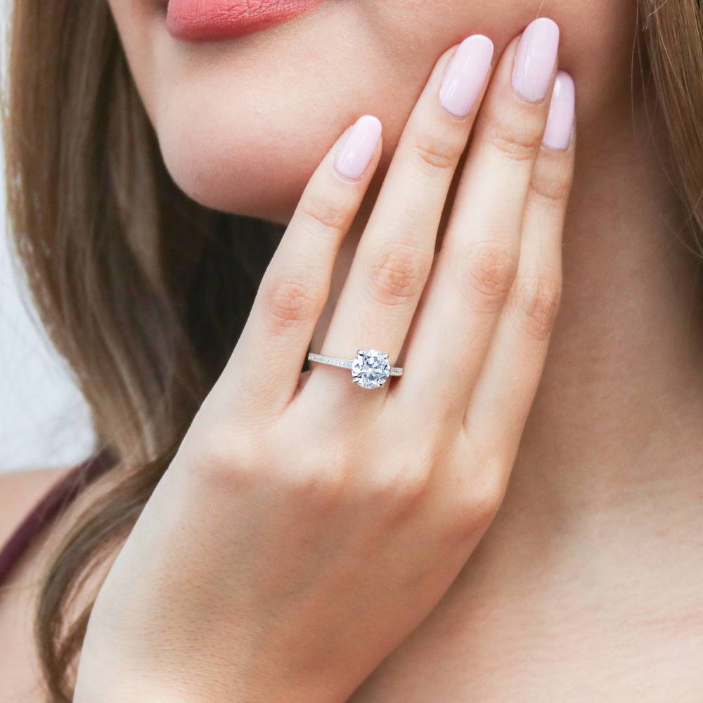 Model wearing Solitaire Milgrain 2ct Round CZ Ring in Sterling Silver, 2 of 7
