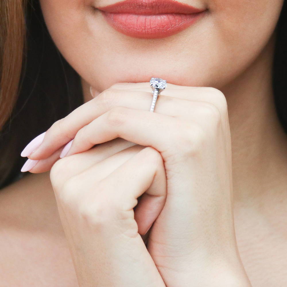 Model wearing Solitaire Milgrain 2ct Round CZ Ring in Sterling Silver, 6 of 7