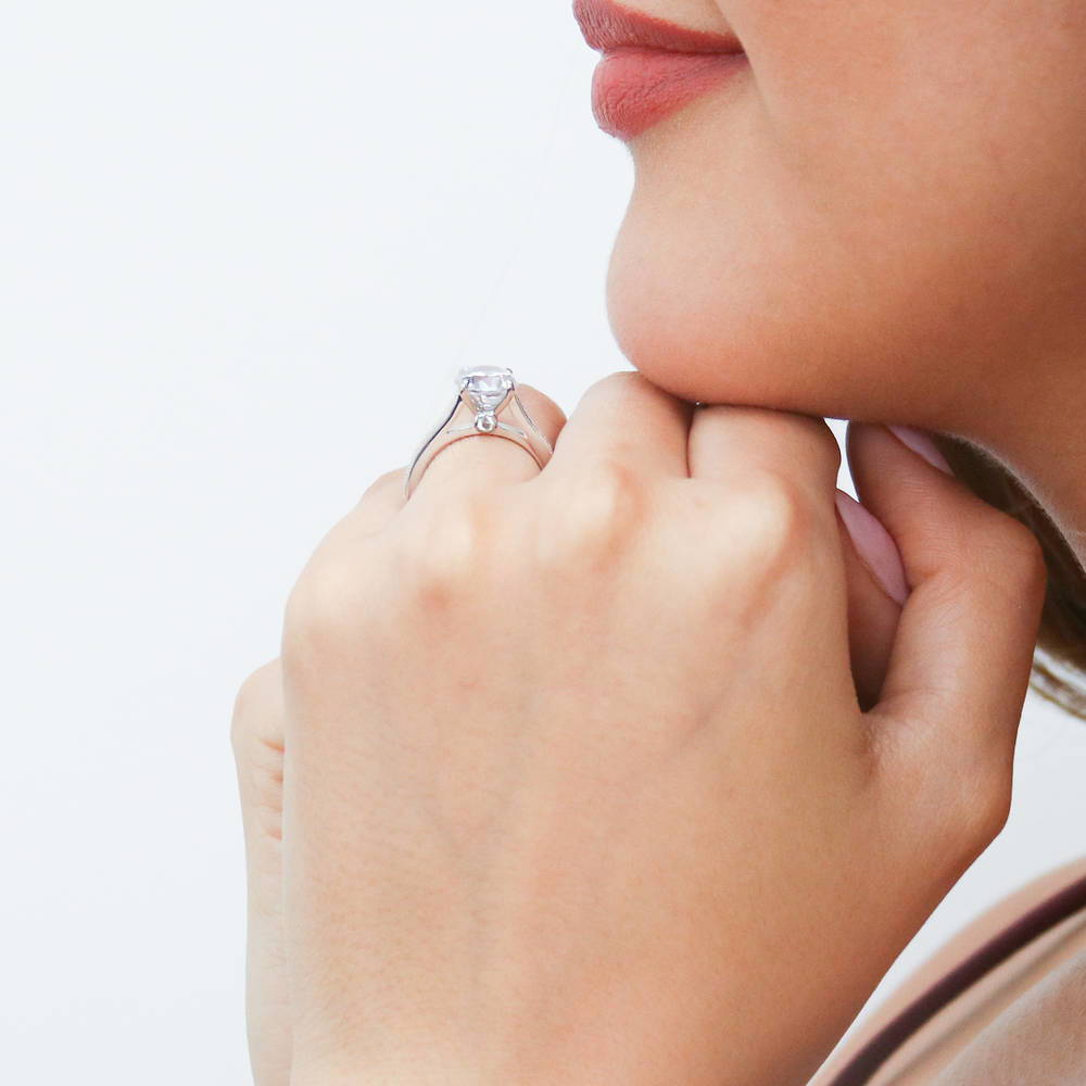 Model wearing Solitaire Milgrain 2ct Round CZ Ring in Sterling Silver, 3 of 7