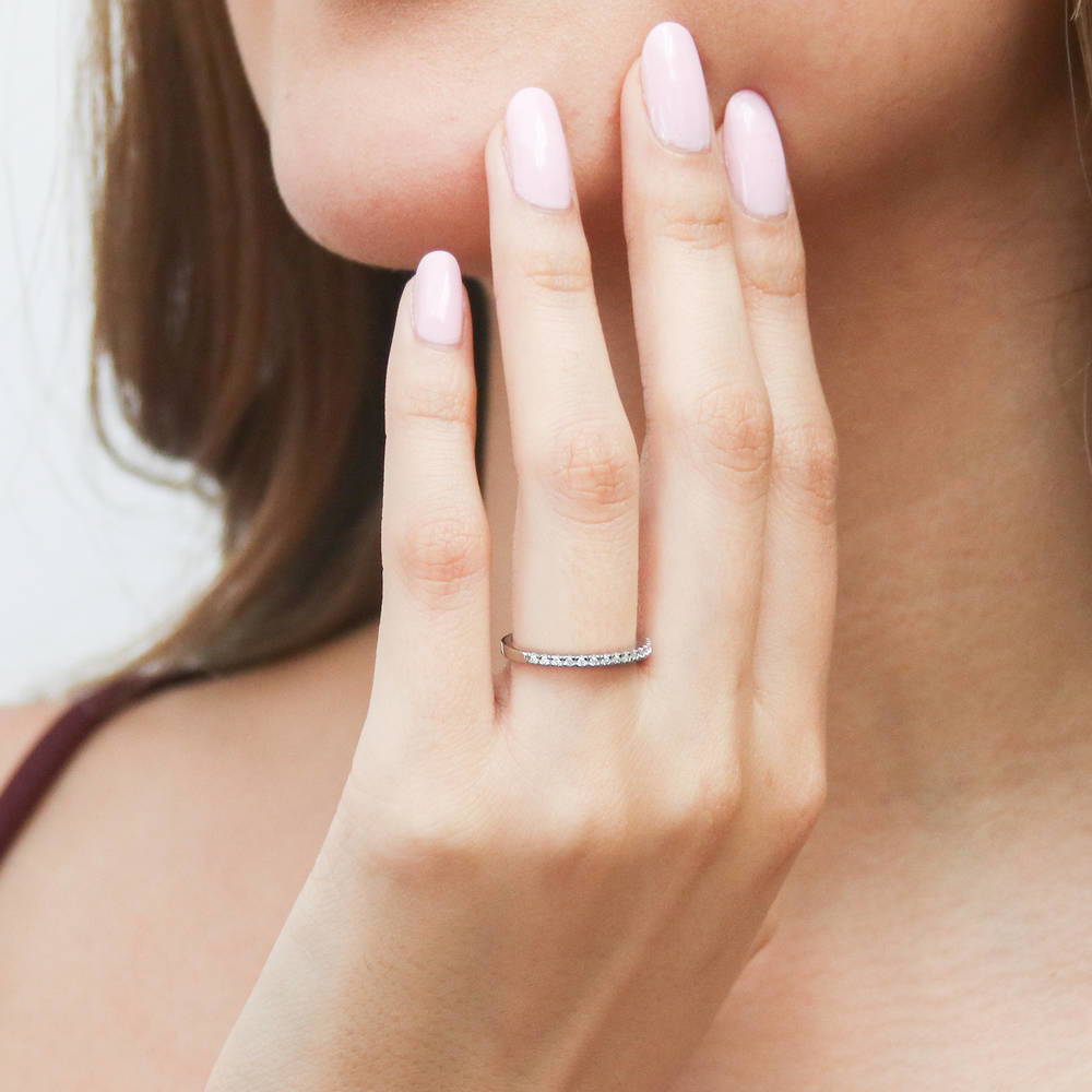 Model wearing Halo Round CZ Ring Set in Sterling Silver, 13 of 15