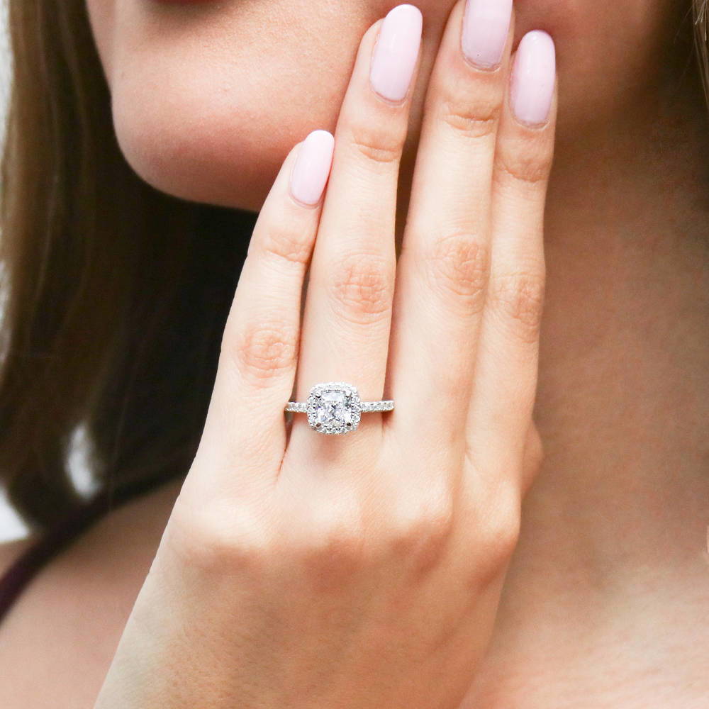 Model wearing Halo Cushion CZ Ring in Sterling Silver, 2 of 10