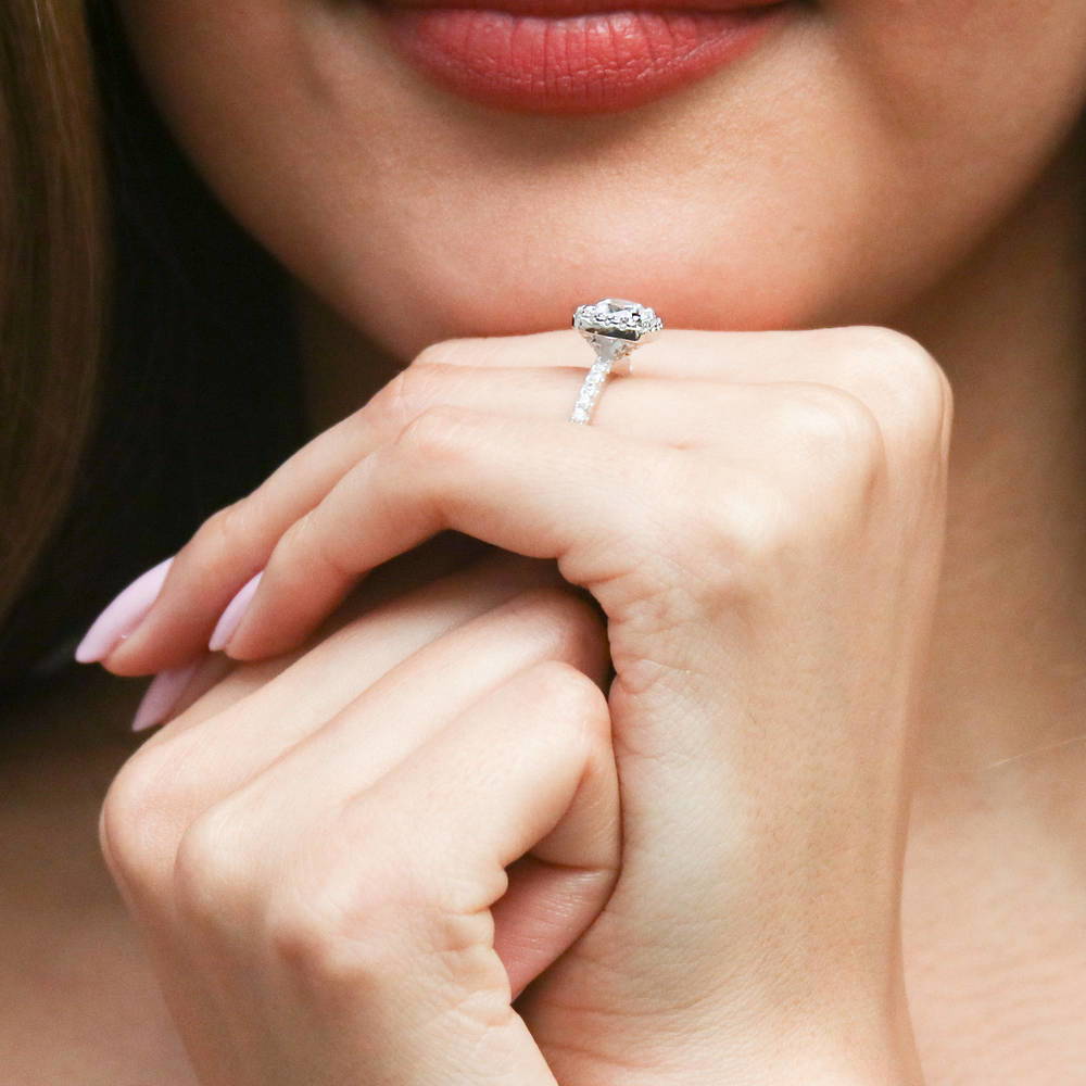 Model wearing Halo Cushion CZ Ring in Sterling Silver, 7 of 10