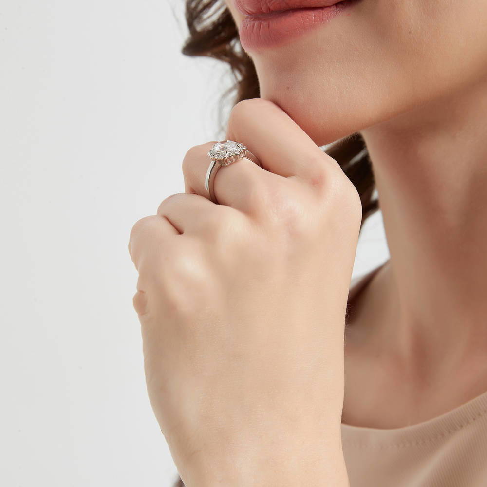Model wearing Bubble Halo CZ Ring in Sterling Silver, 3 of 7
