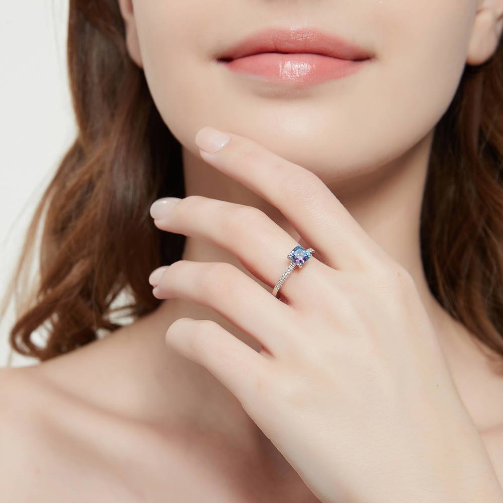 Model wearing Solitaire Purple Aqua Cushion CZ Ring in Sterling Silver 1.25ct, 2 of 7