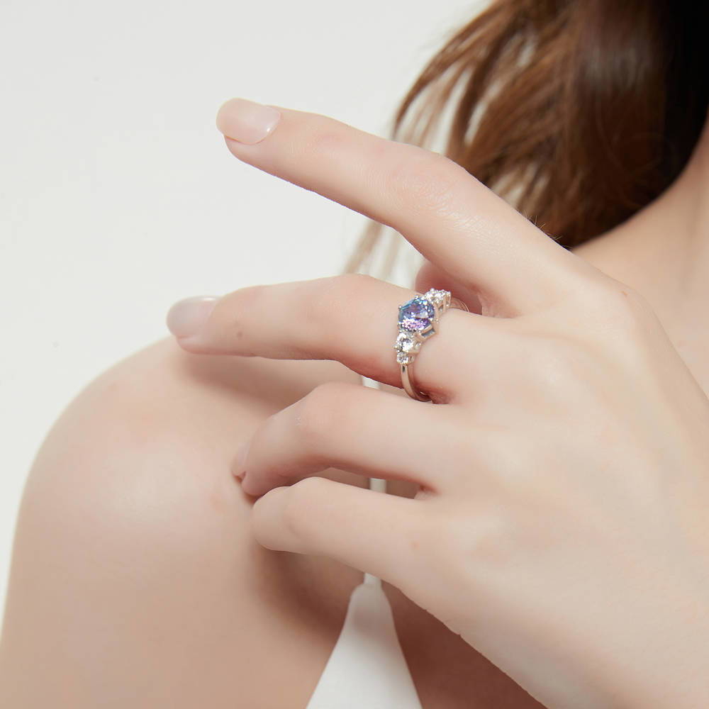 Model wearing Solitaire Purple Aqua Round CZ Ring in Sterling Silver 1.25ct, 2 of 7