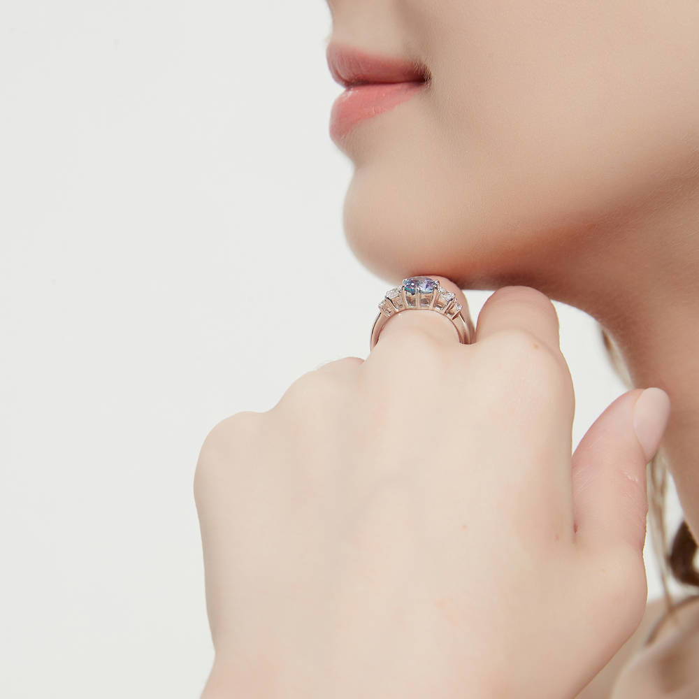 Solitaire Kaleidoscope Purple Aqua CZ Ring in Sterling Silver