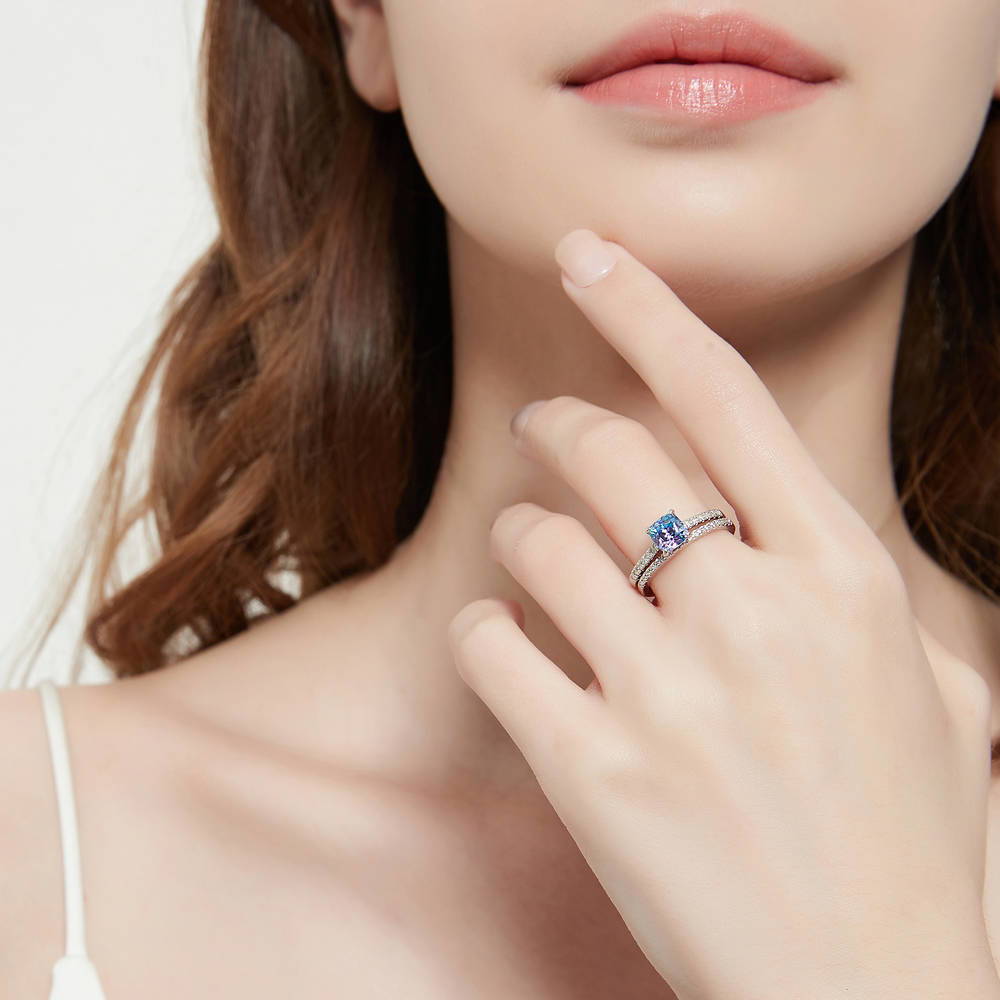 Kaleidoscope Solitaire Purple Aqua CZ Ring Set in Sterling Silver