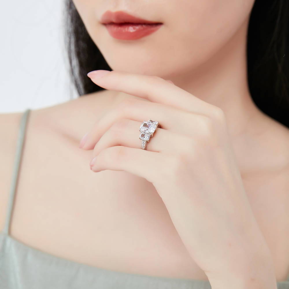 Model wearing 3-Stone Cushion CZ Ring in Sterling Silver, 6 of 9