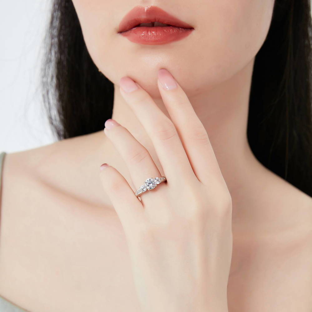 Model wearing 3-Stone Round CZ Ring Set in Sterling Silver, 9 of 17