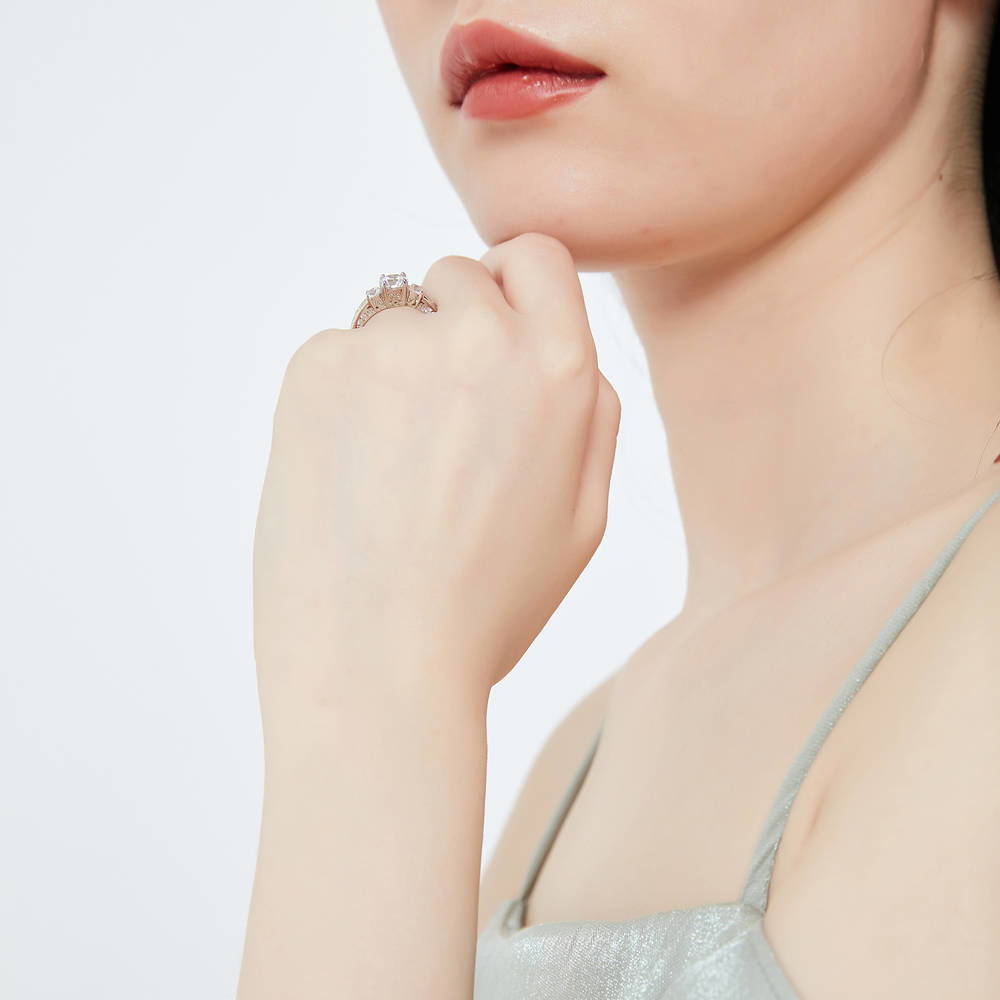 Model wearing 3-Stone Round CZ Ring Set in Sterling Silver, 12 of 17