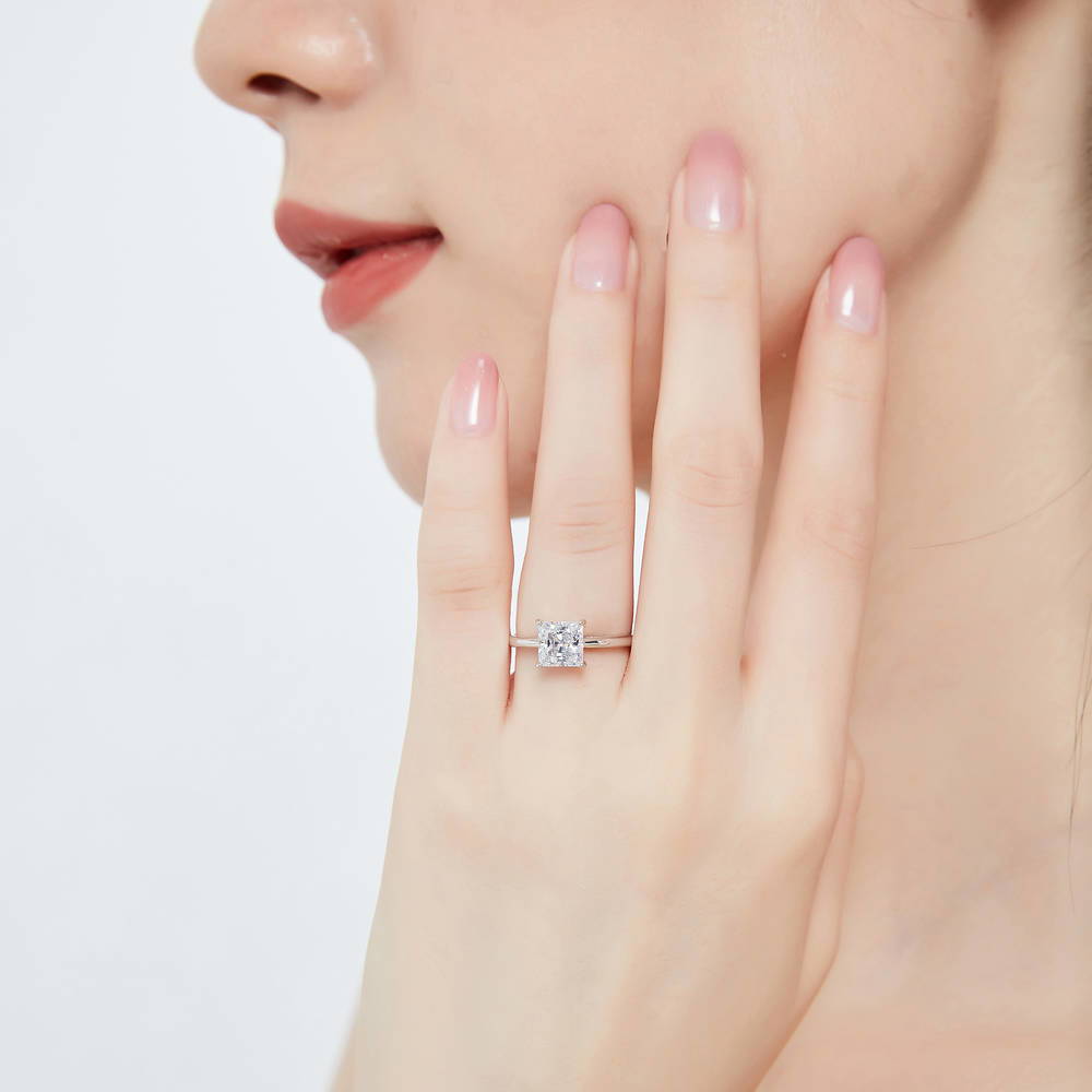 Model wearing Solitaire 1.6ct Princess CZ Ring in Sterling Silver, 2 of 9