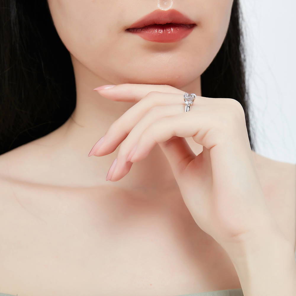 Model wearing 3-Stone Round CZ Ring Set in Sterling Silver, 10 of 11