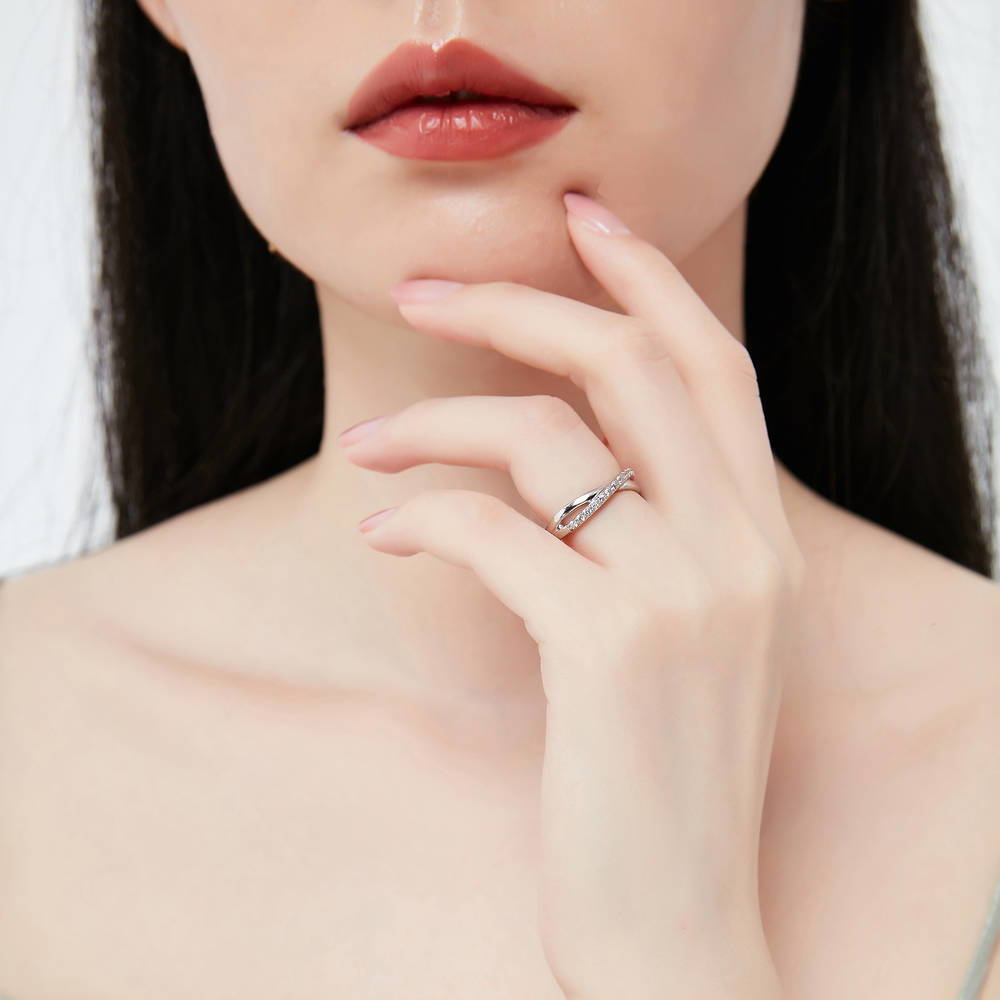 Model wearing 3-Stone Criss Cross Cushion CZ Ring Set in Sterling Silver, 5 of 13